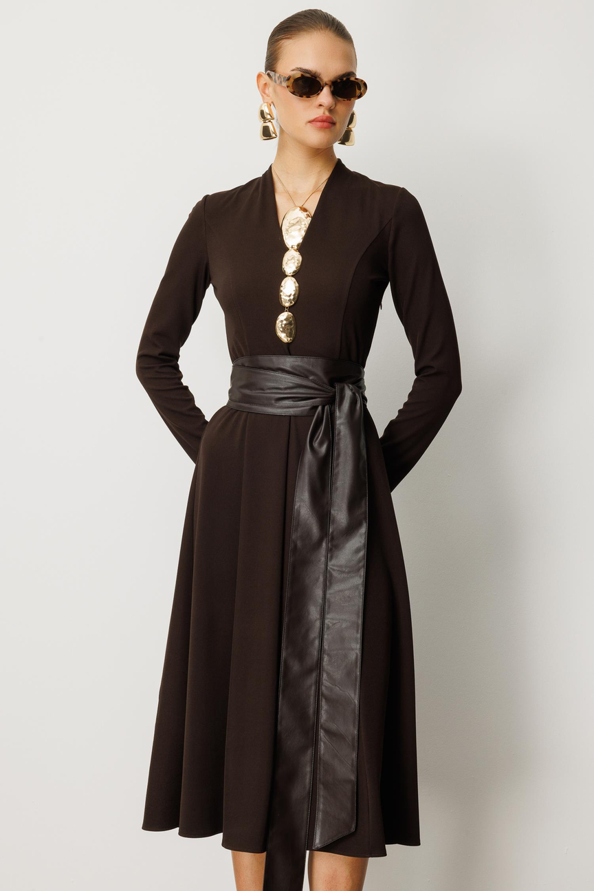 Deri Kuşaklı Örme Elbise KAHVE
