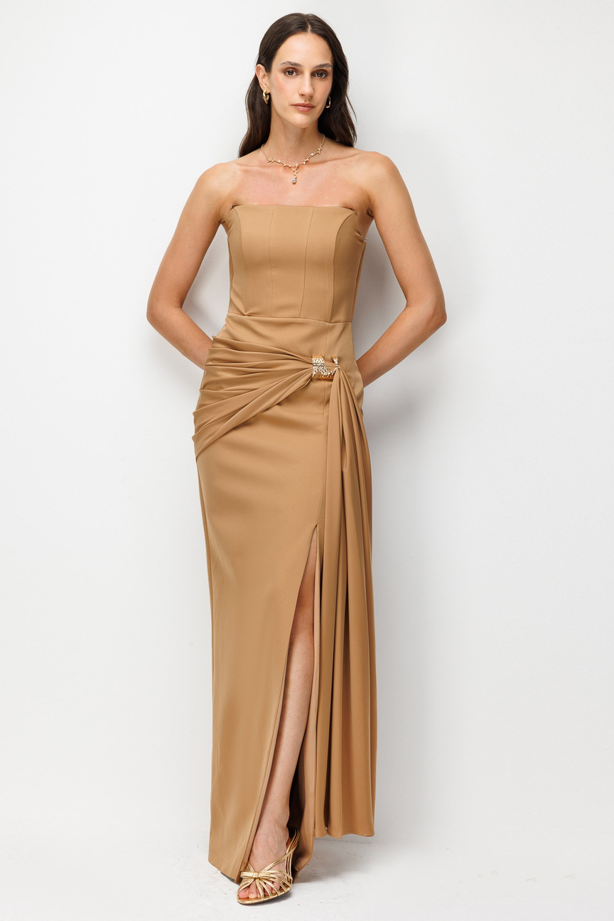 Strapless Draped Evening Dress with Gold Buckle BROWN