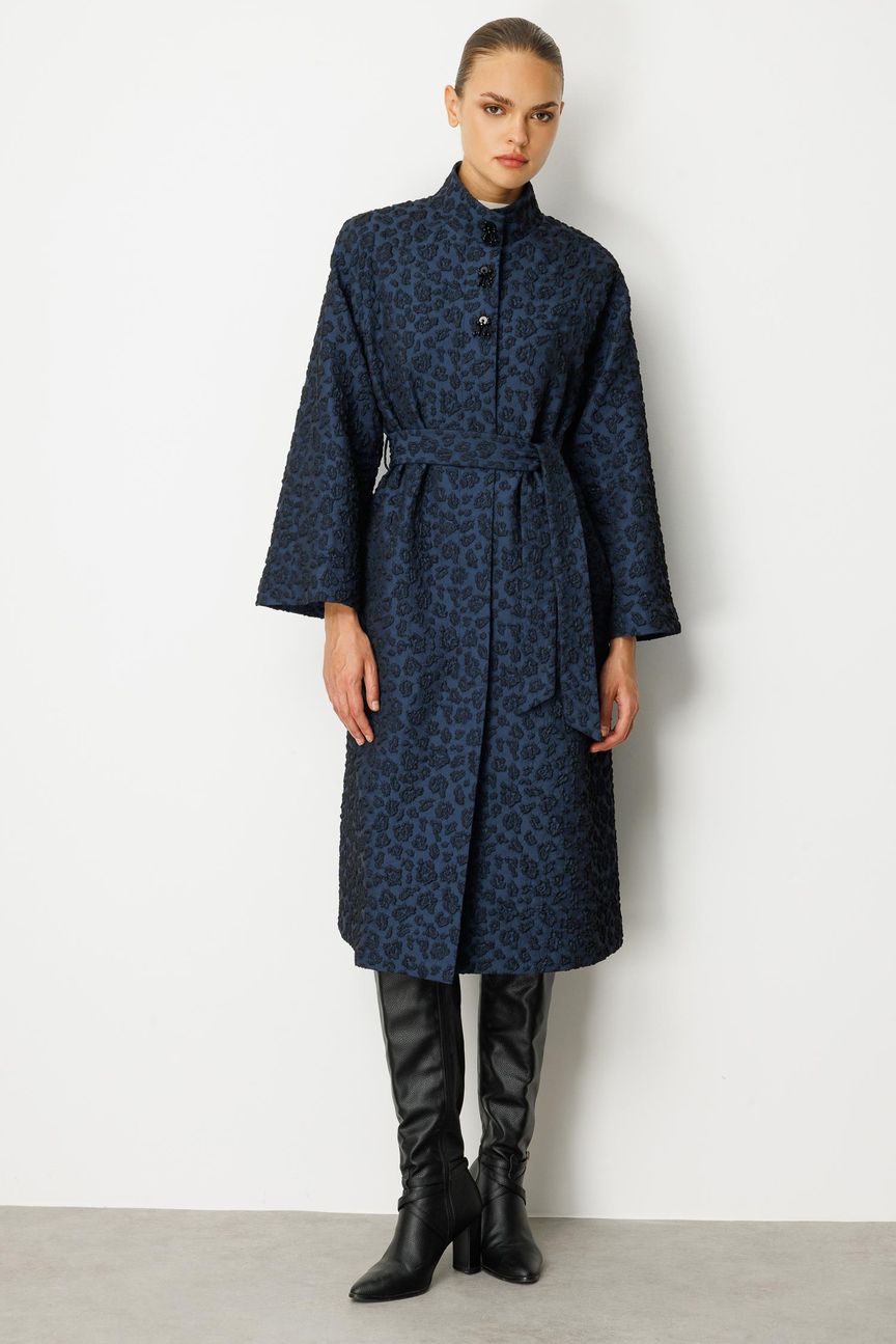 Dik Yaka Dokulu Kumaş Kap LACİVERT