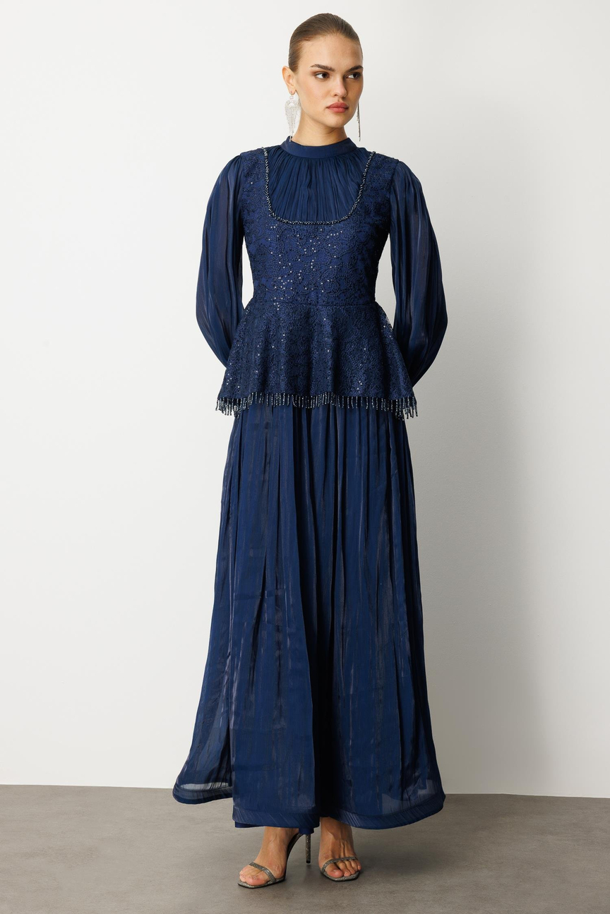 Drape İşlemeli Elbise LACİVERT