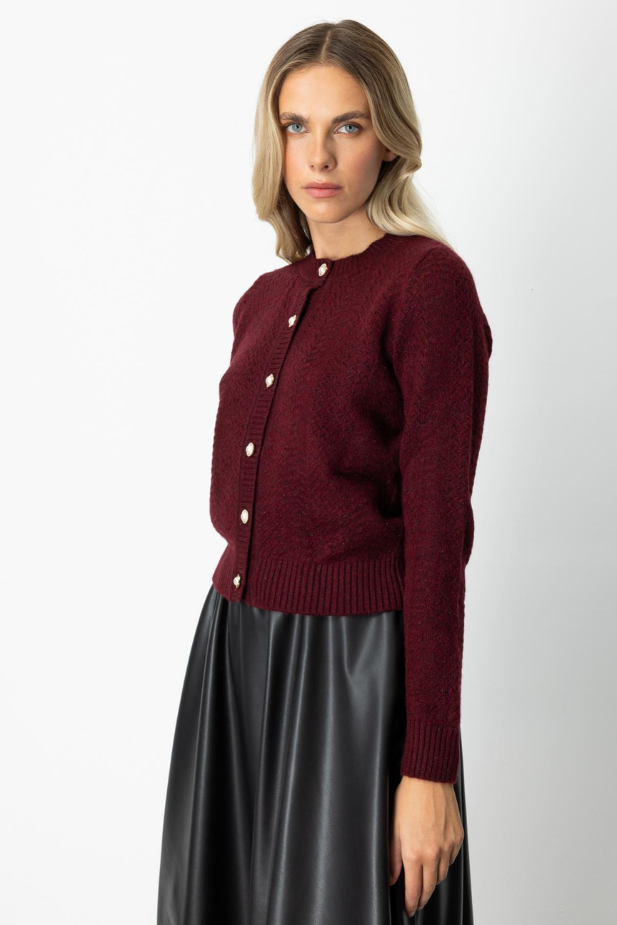 Buttoned Crew Neck Cardigan BURGUNDY