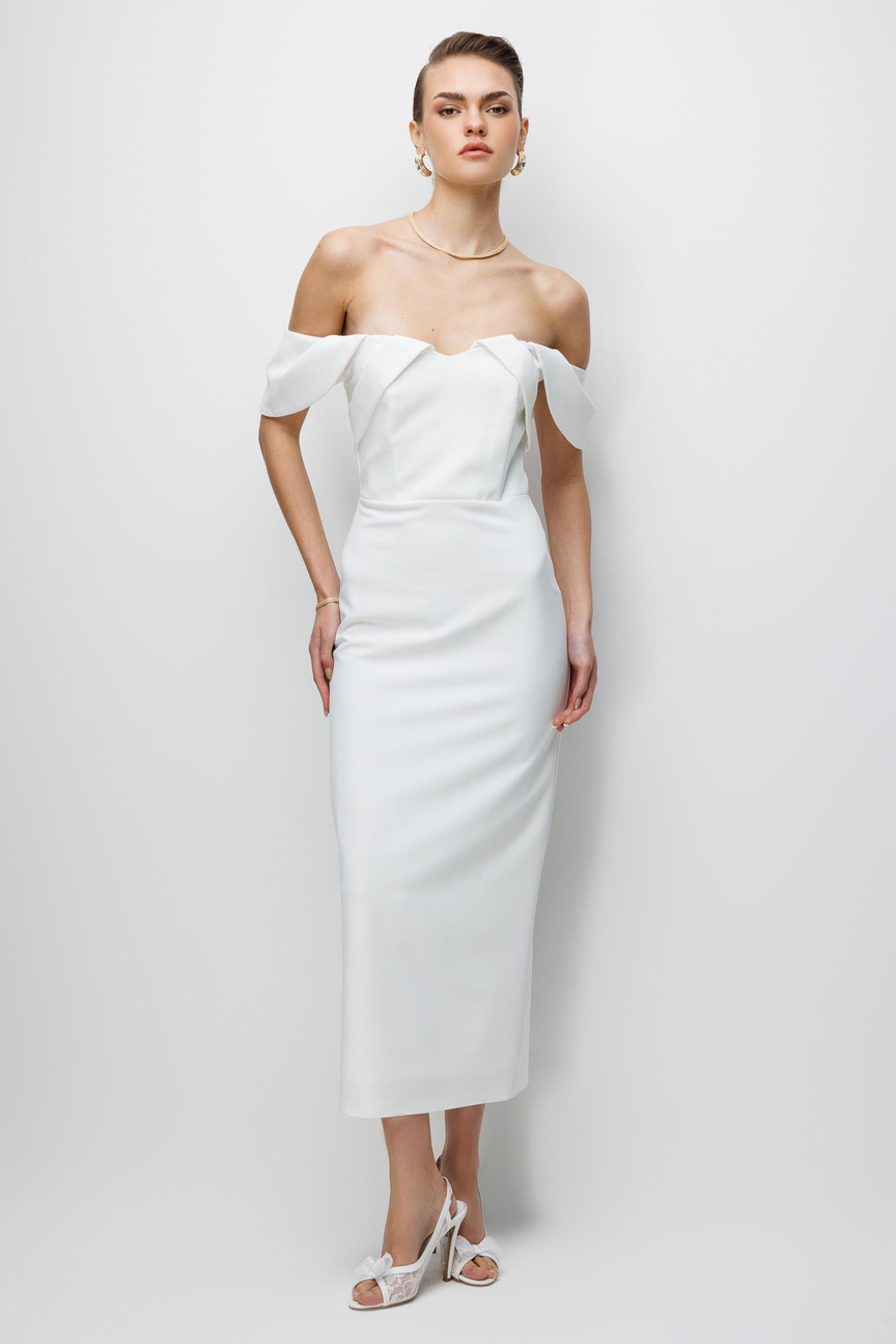 Düşük Omuz Detaylı Abiye Elbise EKRU