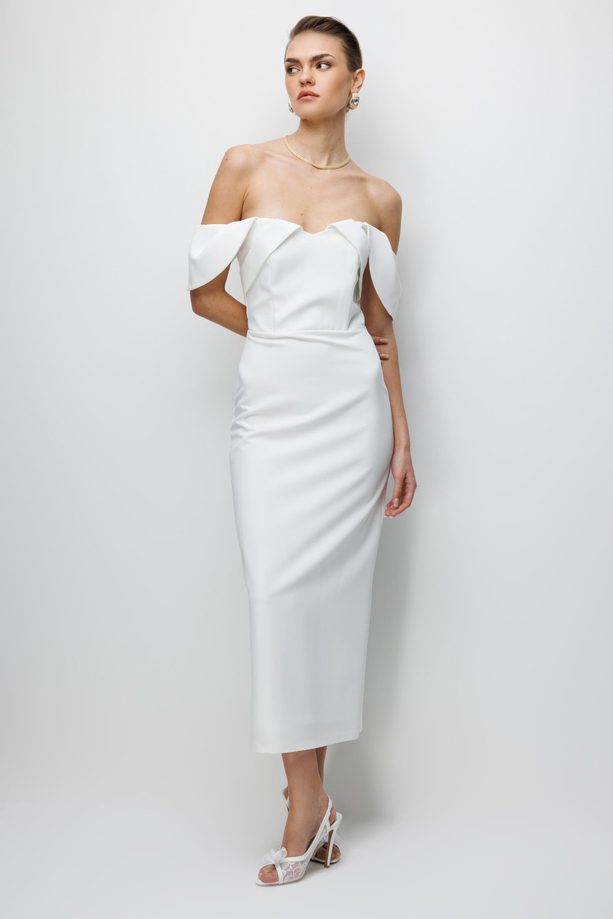 Düşük Omuz Detaylı Abiye Elbise EKRU