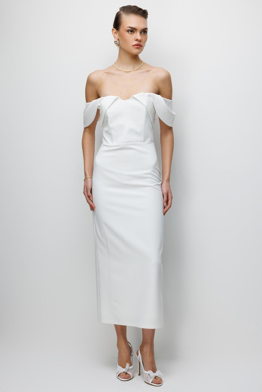 Düşük Omuz Detaylı Abiye Elbise EKRU
