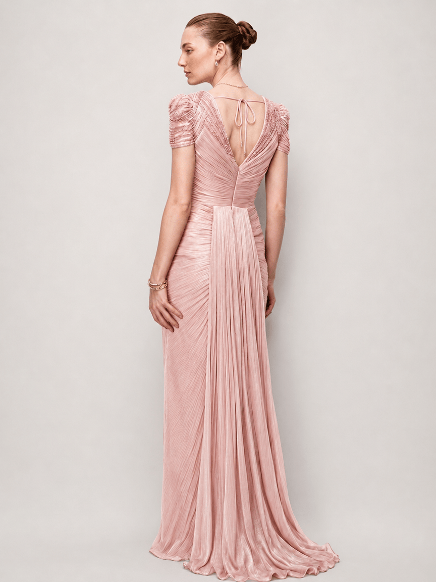 Beaded Shoulder Detail Draped Maxi Evening Dress POWDER