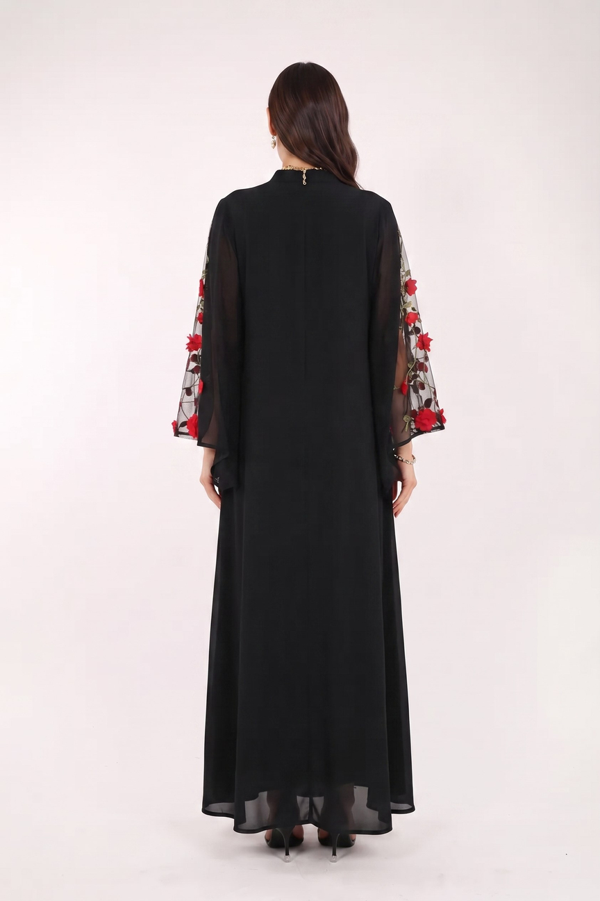 Floral İşlemeli Abaya SİYAH-KIRMIZI