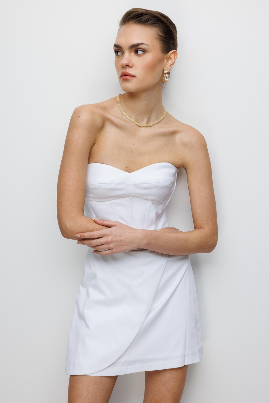 Straplez Yaka Mini Elbise EKRU