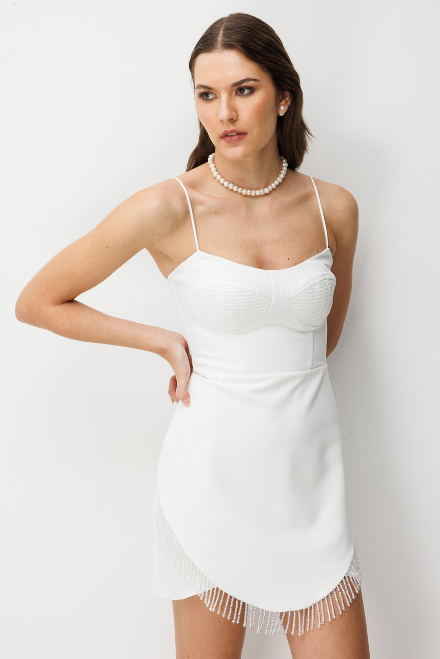 Kristal Saçaklı Büstiyer Formlu  Elbise EKRU