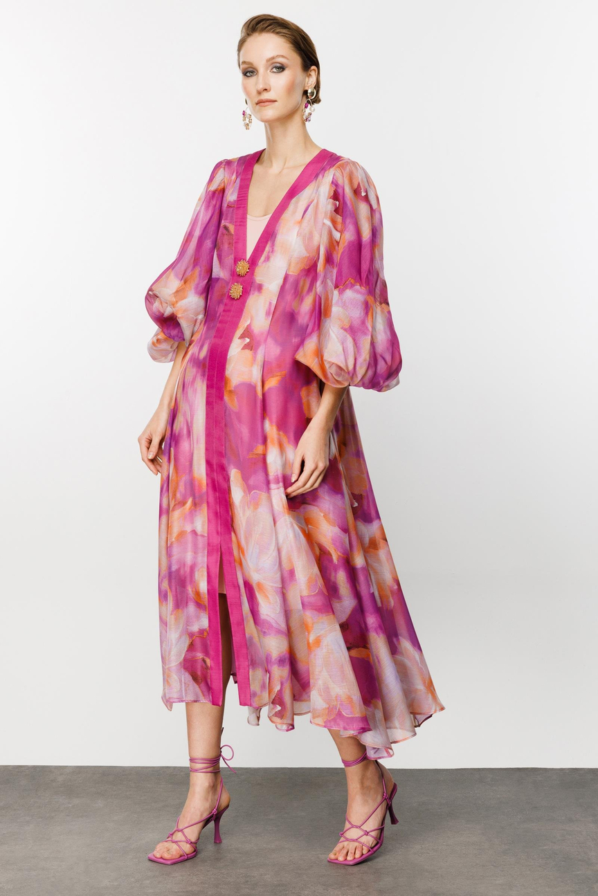 Kemer Detaylı Floral Desen Abaya FUŞYA