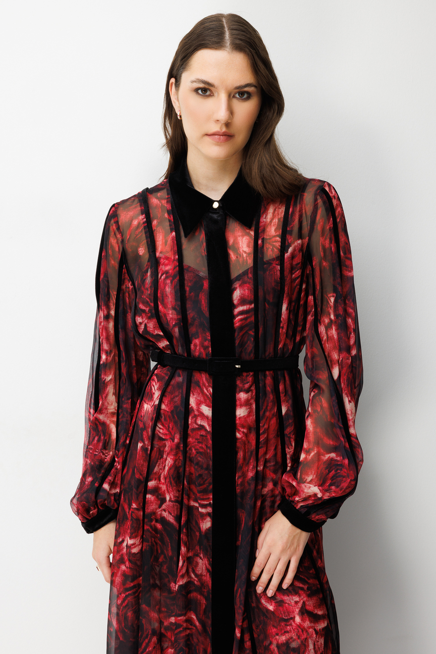 Kadife Şeritli Çiçekli Şifon Maksi Elbise  SİYAH-BORDO