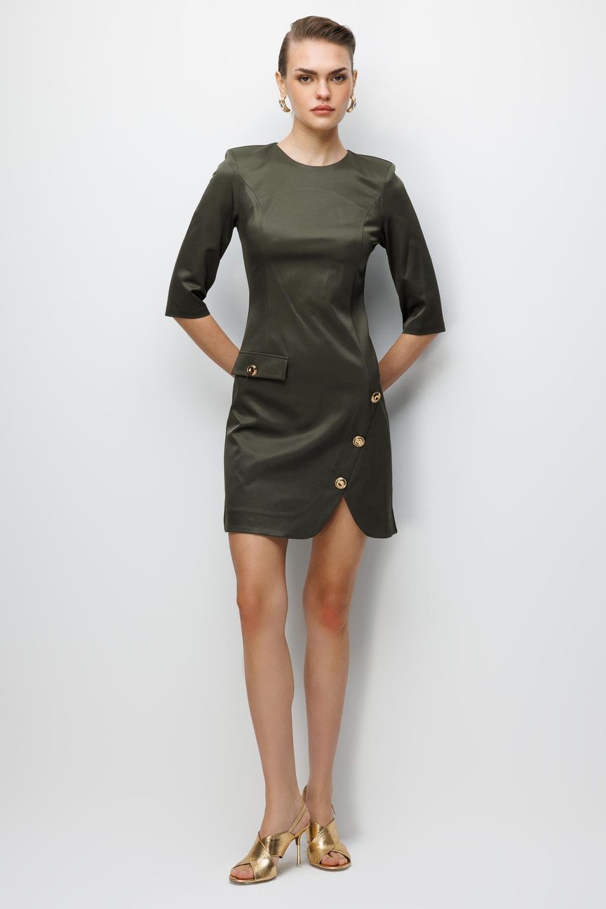 Eteği Aksesuar Detaylı Truvakar Kol Mini Elbise HAKİ