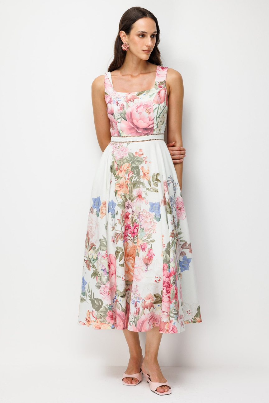 Floral Desenli Kare Yaka Midi Elbise EKRU