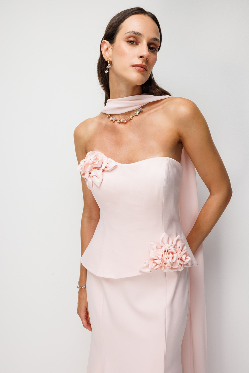 Çiçek Detaylı ve Şallı Peplum Abiye Elbise PUDRA
