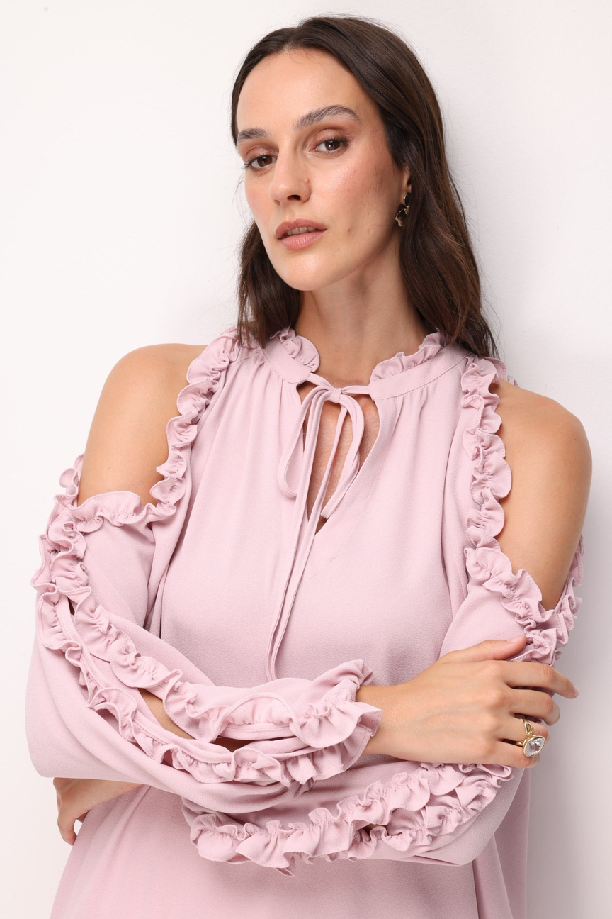 Halter Yaka Fırfır Detaylı Bluz PUDRA