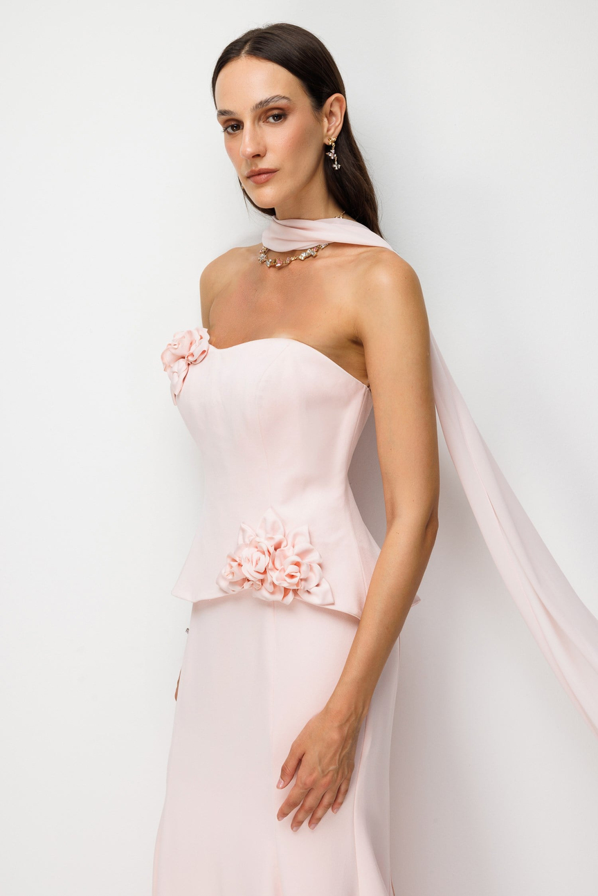 Çiçek Detaylı ve Şallı Peplum Abiye Elbise PUDRA