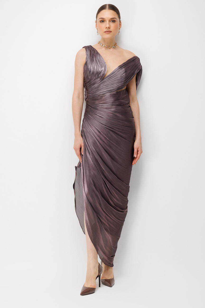 Under-Bust Cutout Open-Back Pleated Long Dress PURPLE