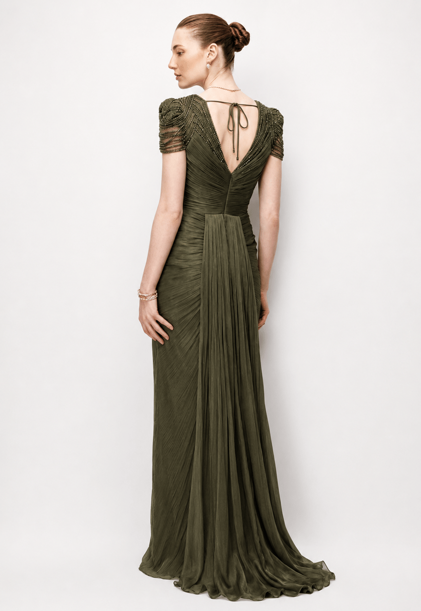 Beaded Shoulder Detail Draped Maxi Evening Dress 