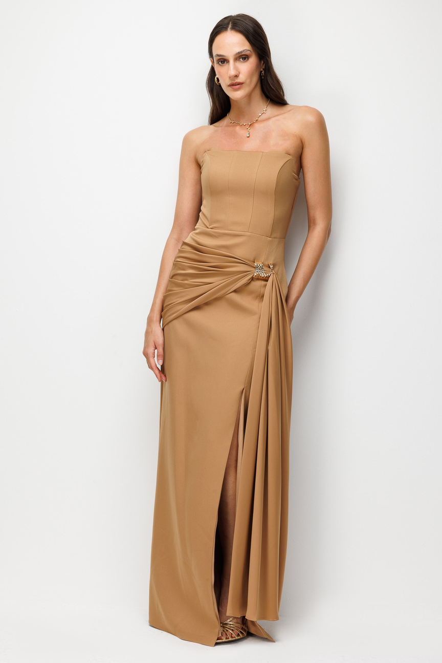 Strapless Draped Evening Dress with Gold Buckle BROWN