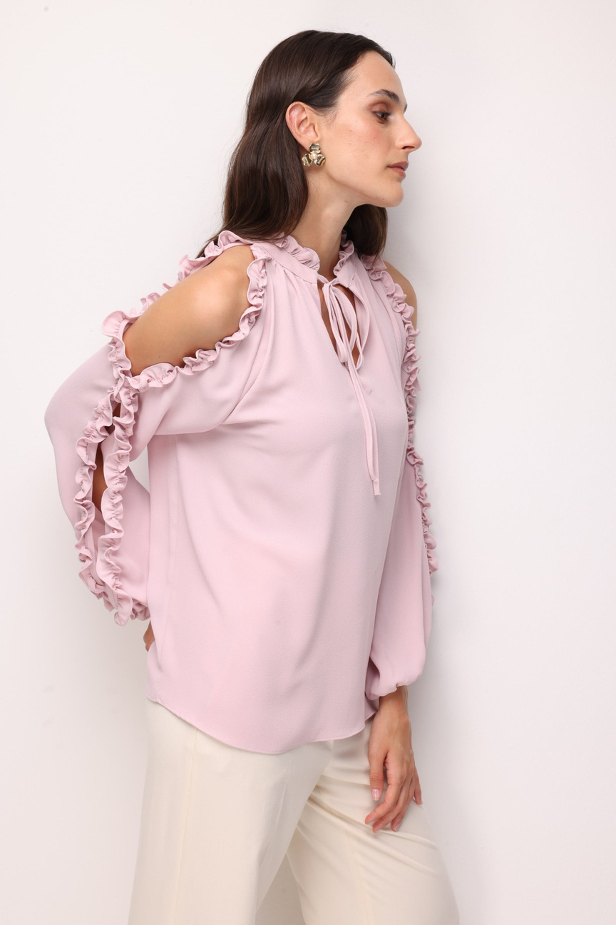 Halter Yaka Fırfır Detaylı Bluz PUDRA