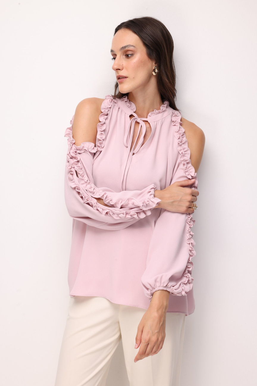 Halter Yaka Fırfır Detaylı Bluz PUDRA