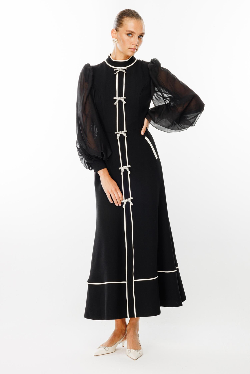 Fiyonk Detaylı Maxi Boy Şifon Kol Elbise SİYAH