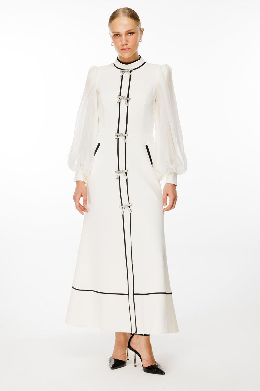 Fiyonk Detaylı Maxi Boy Şifon Kol Elbise EKRU