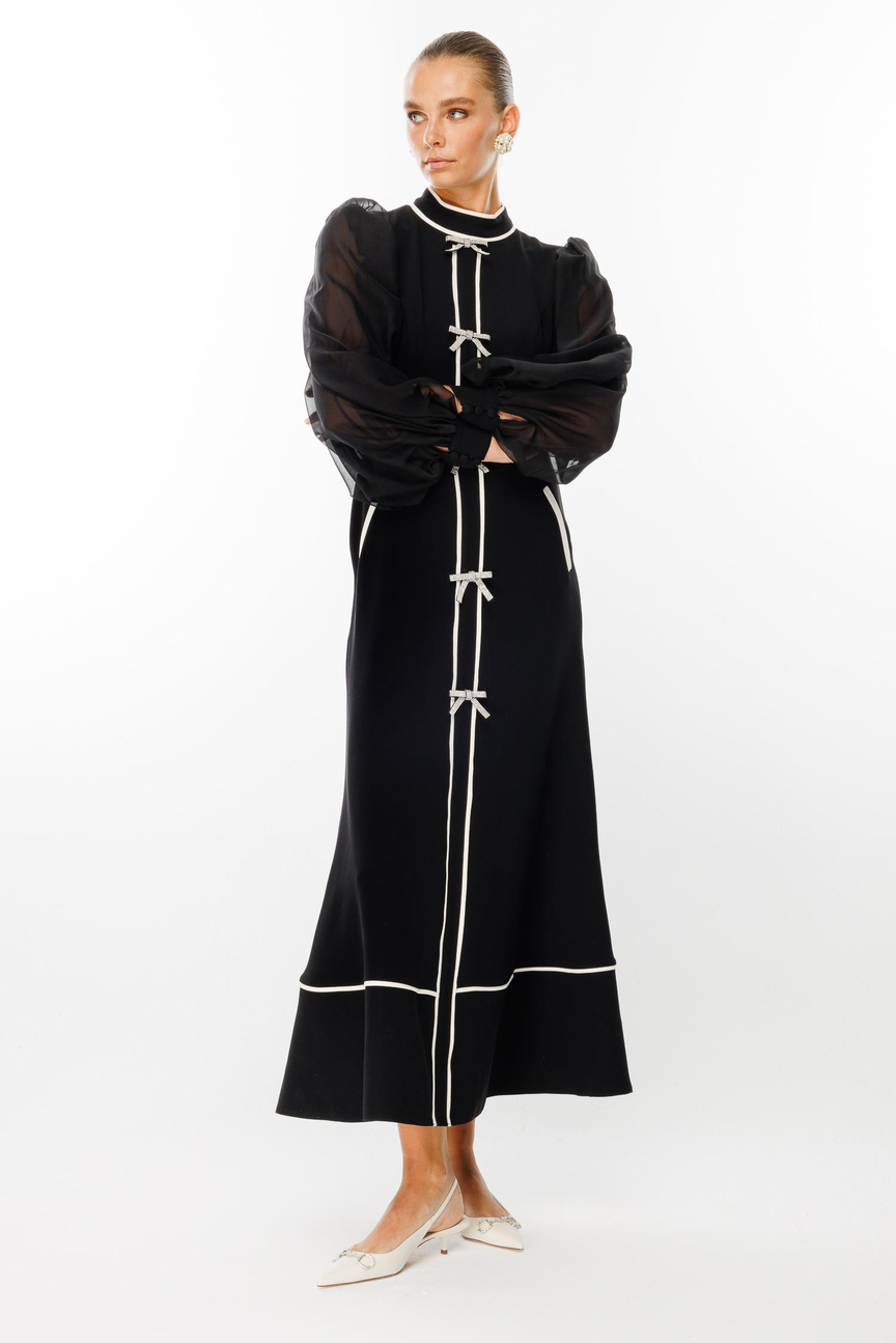 Fiyonk Detaylı Maxi Boy Şifon Kol Elbise SİYAH