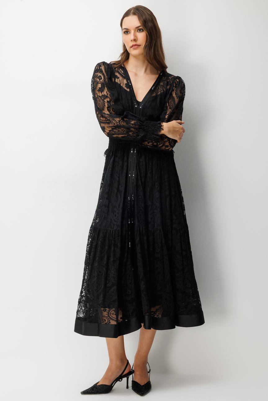Floral Dantel Detaylı V Yaka Elbise SİYAH