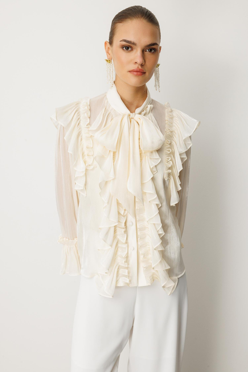 Fular Detaylı Organze Bluz EKRU
