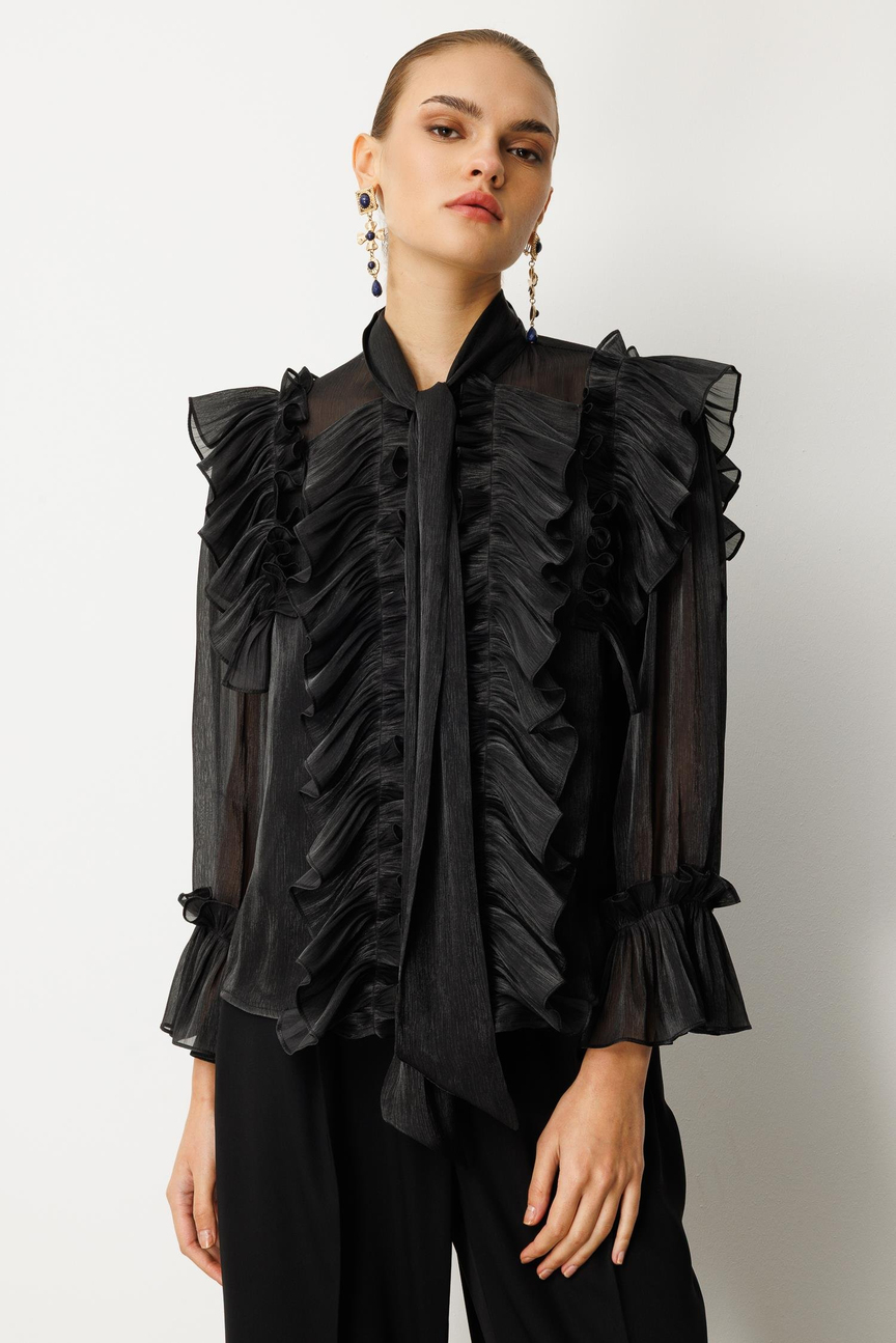 Fular Detaylı Organze Bluz SİYAH
