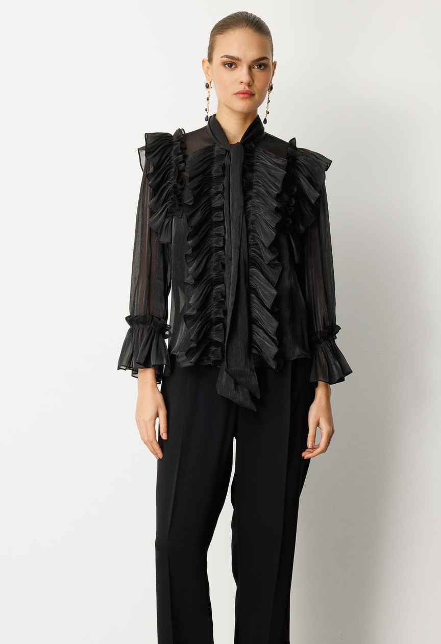 Fular Detaylı Organze Bluz SİYAH