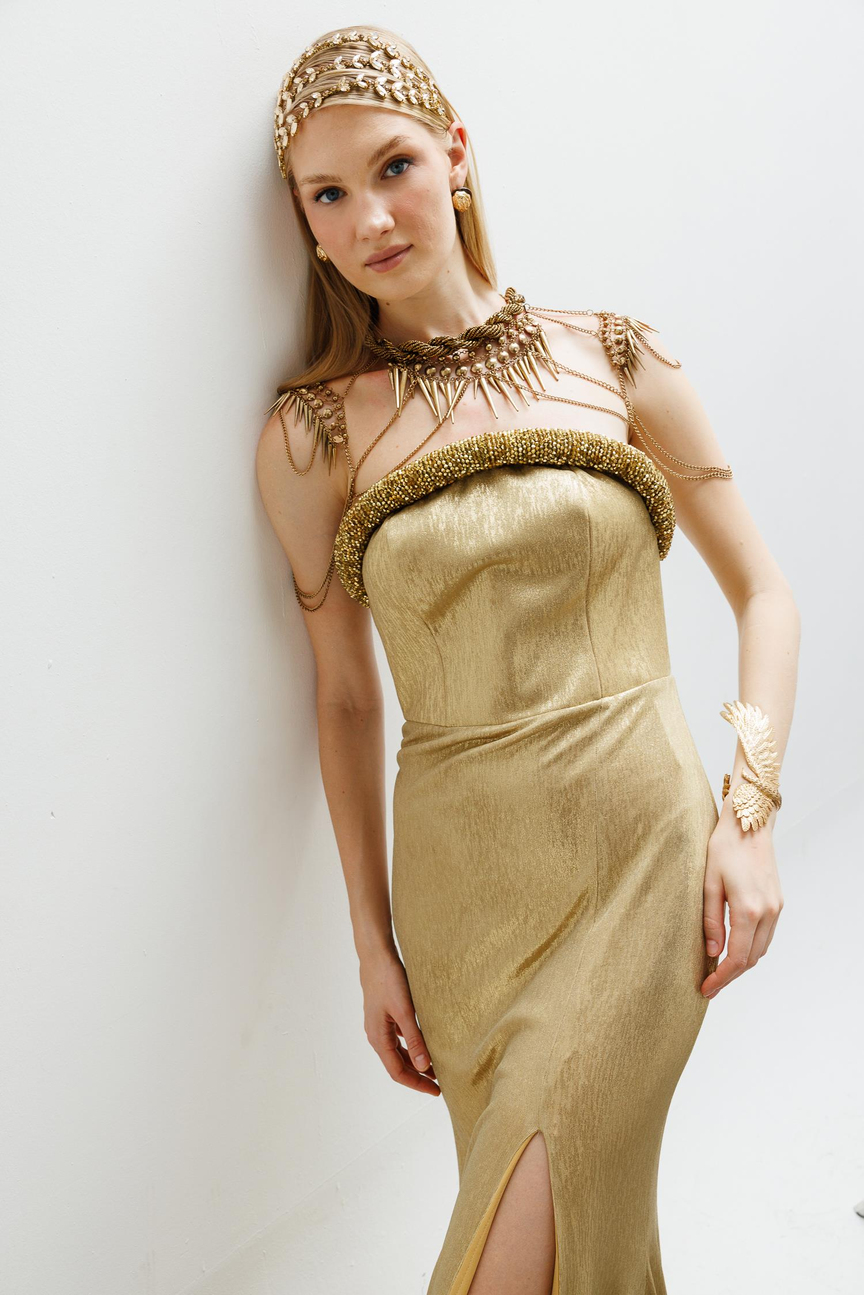 Strapless Dress with Cylinder Embroidered Chest GOLD