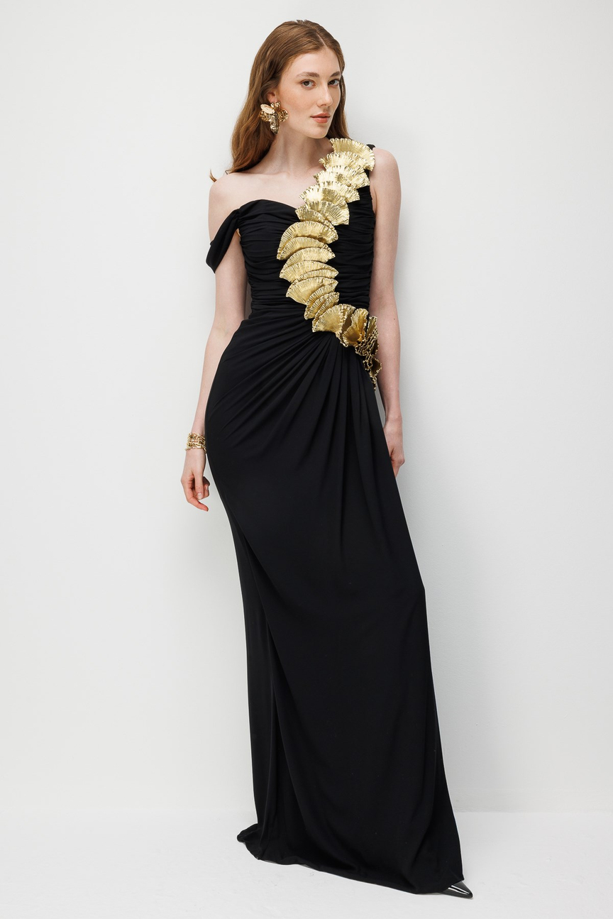 Gold Appliqué One-Shoulder Draped Long Evening Dress Black-Gold