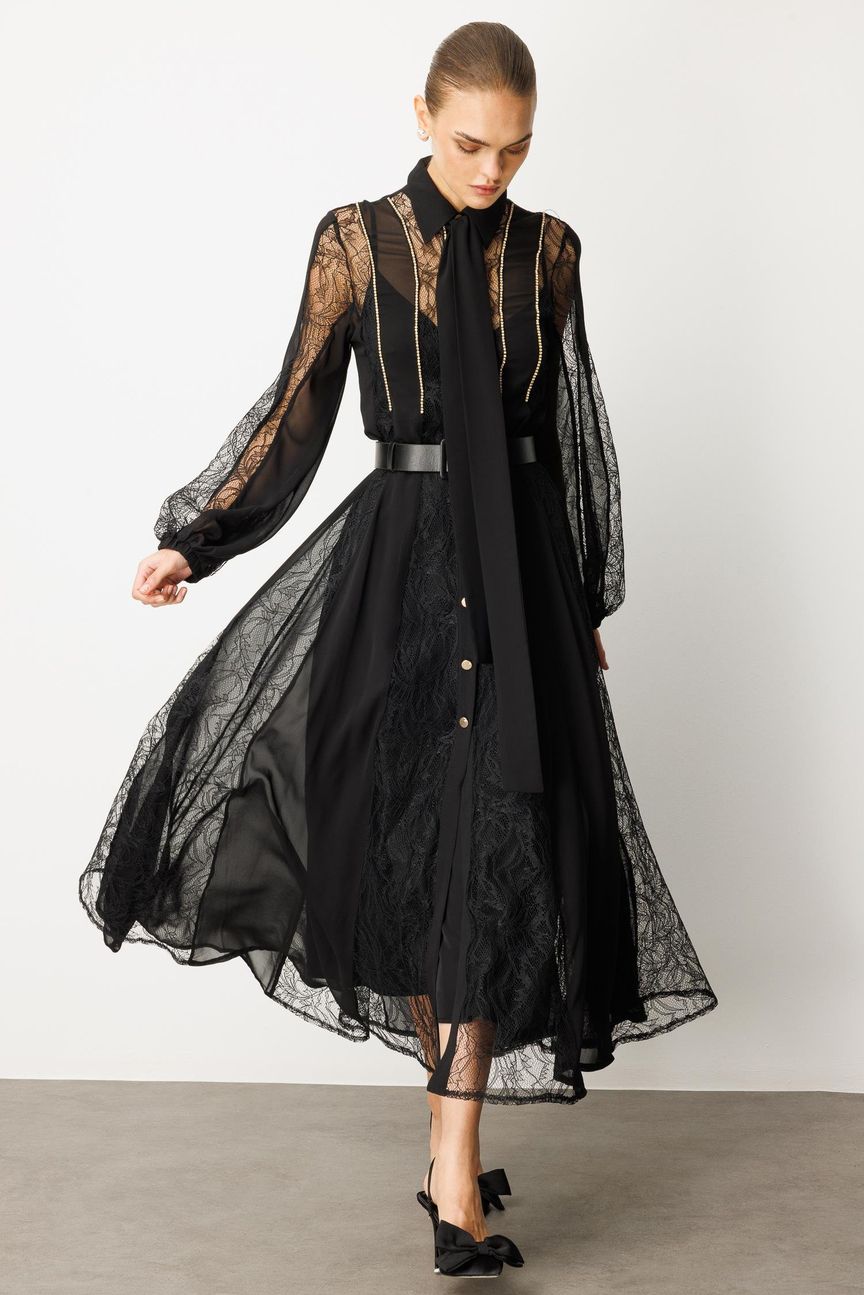 Shirt Collar Chain Stripe Maxi Dress BLACK