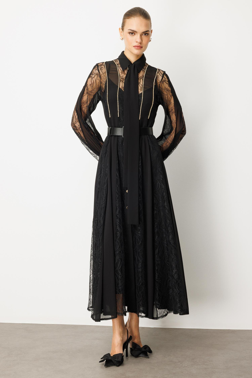 Shirt Collar Chain Stripe Maxi Dress BLACK