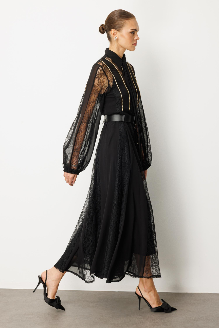 Shirt Collar Chain Stripe Maxi Dress BLACK