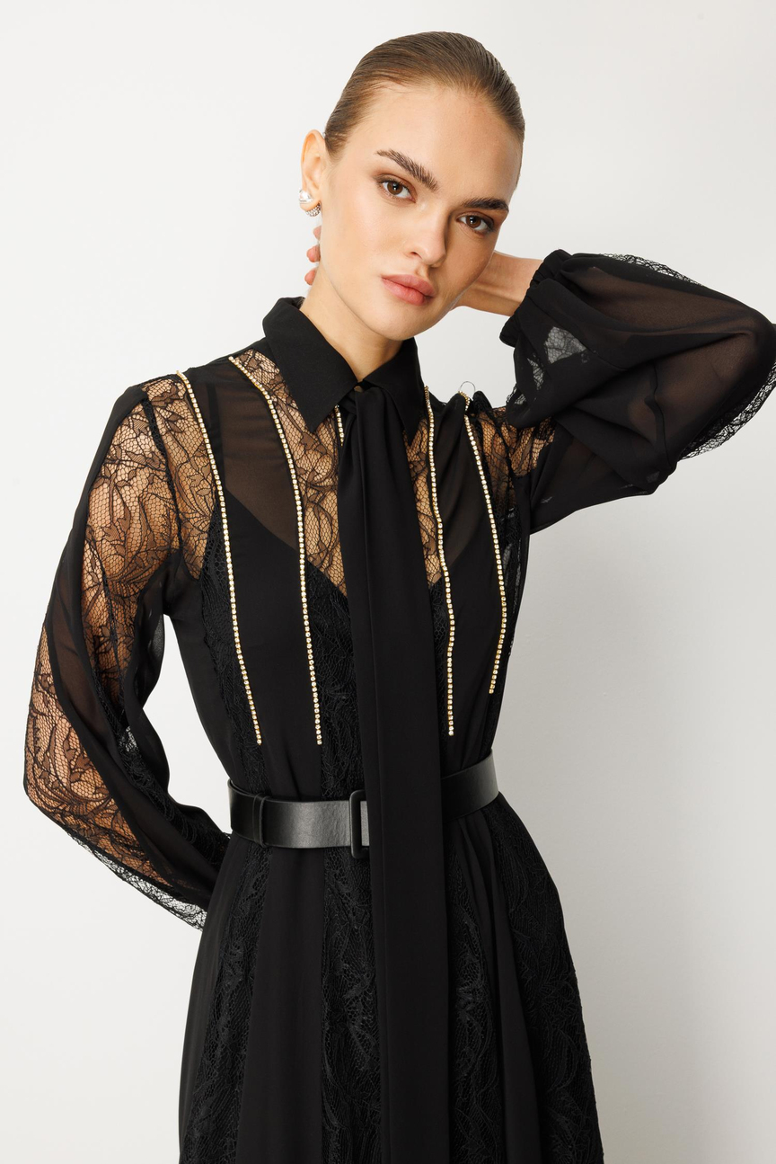 Shirt Collar Chain Stripe Maxi Dress BLACK