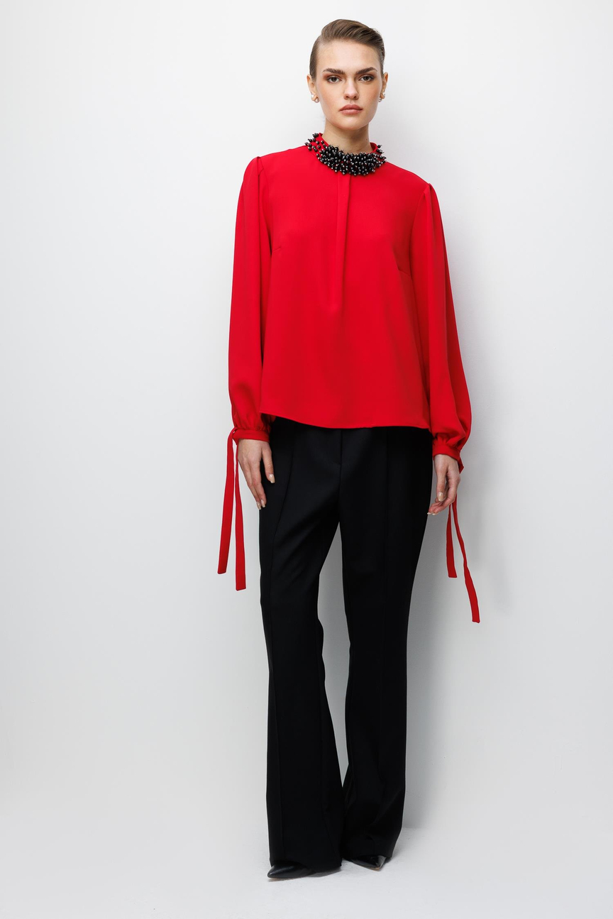 İnci İşlemeli Bluz KIRMIZI