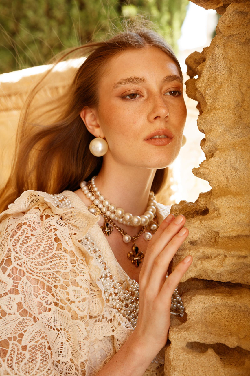 İnci Yaka Dantel Elbise EKRU