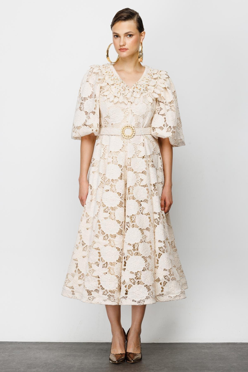 İnci Yaka Dantel Elbise EKRU