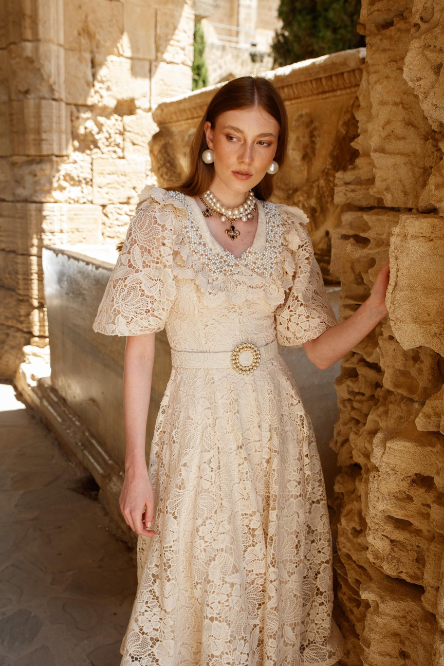 İnci Yaka Dantel Elbise EKRU