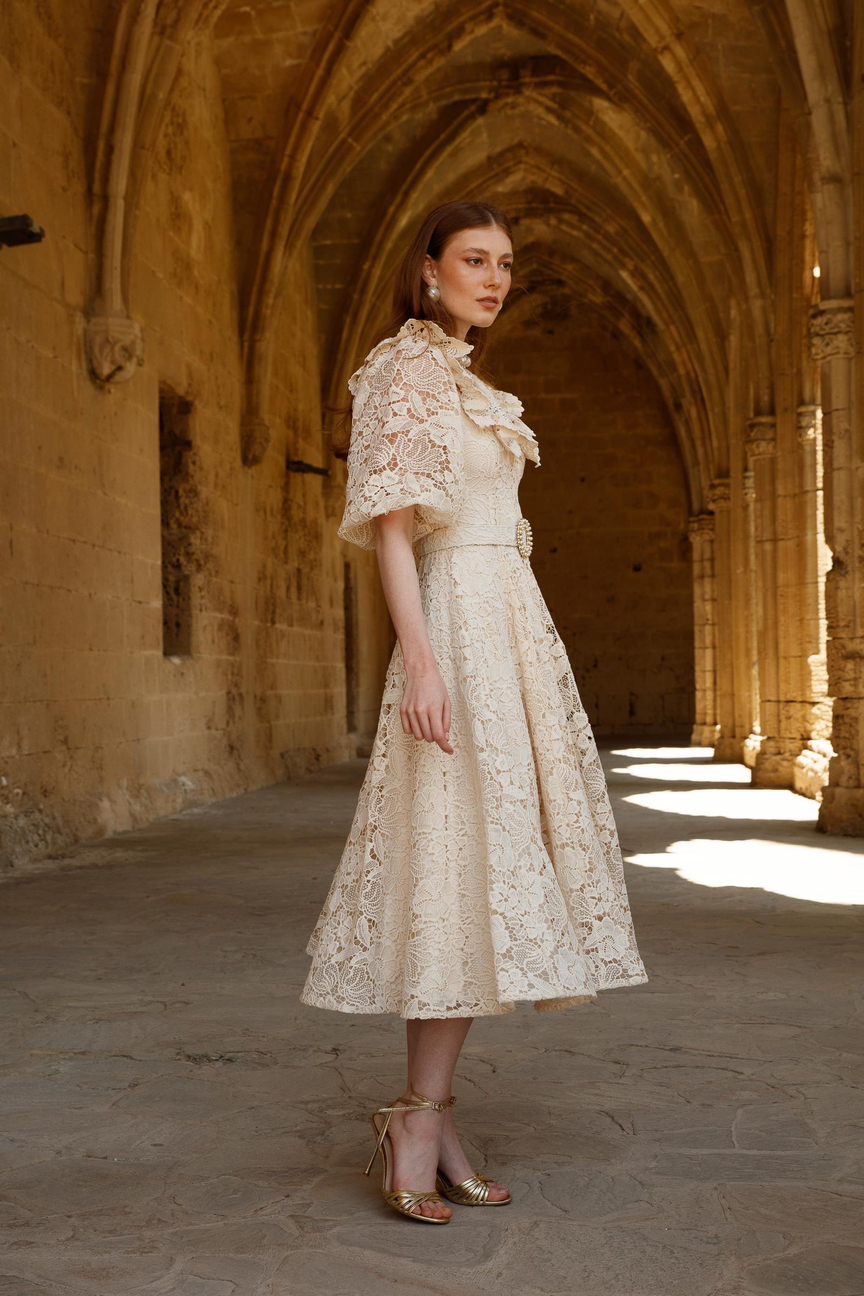 İnci Yaka Dantel Elbise EKRU