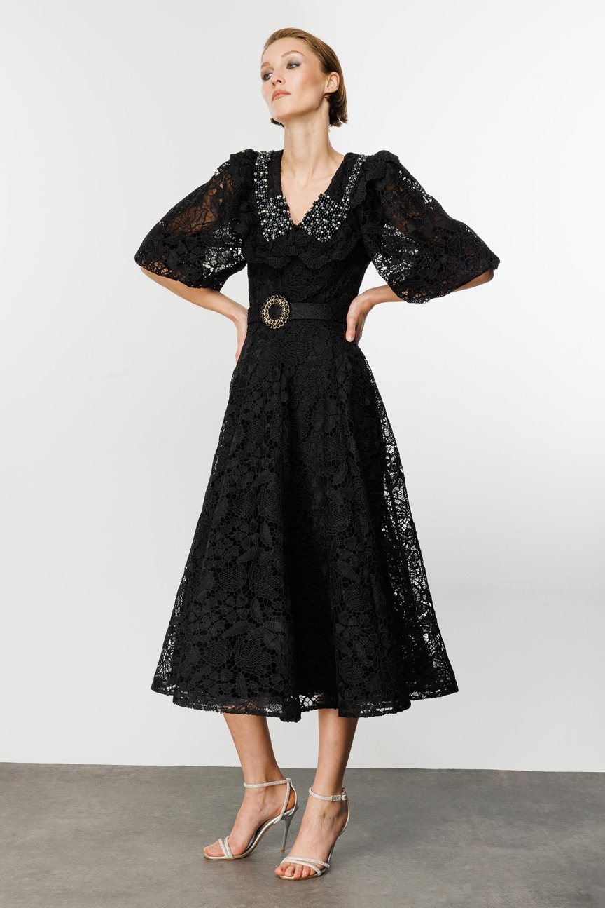 İnci Yaka Dantel Elbise SİYAH-SİYAH