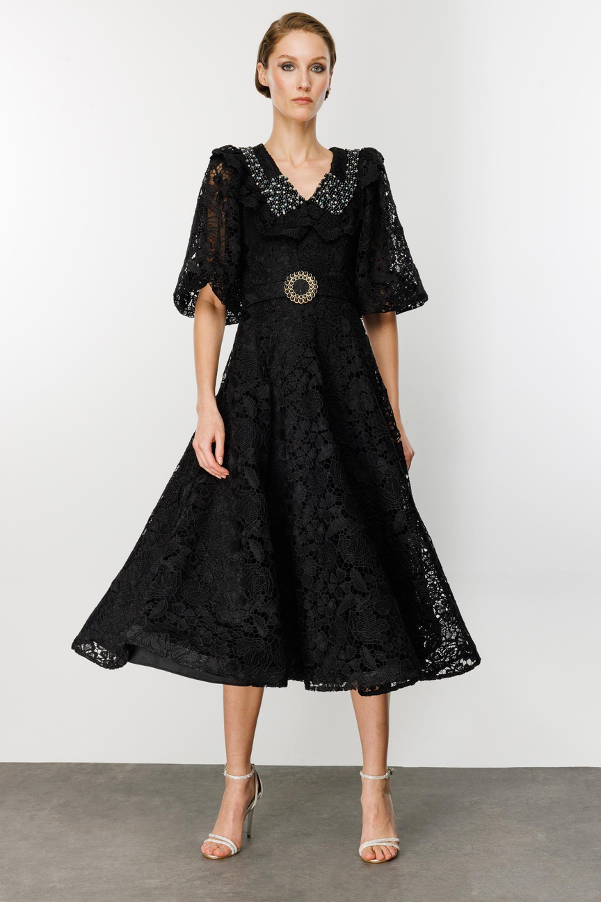 İnci Yaka Dantel Elbise SİYAH-SİYAH