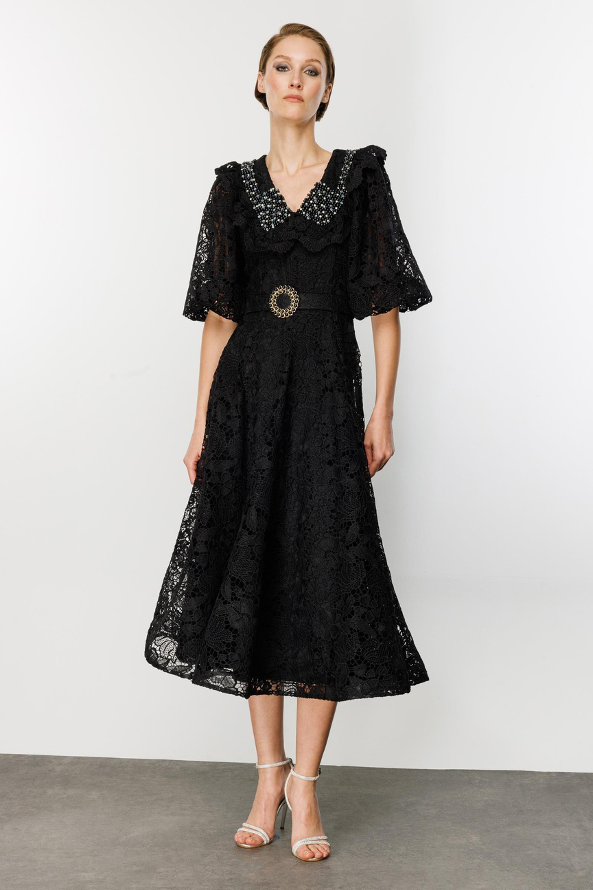 İnci Yaka Dantel Elbise SİYAH-SİYAH