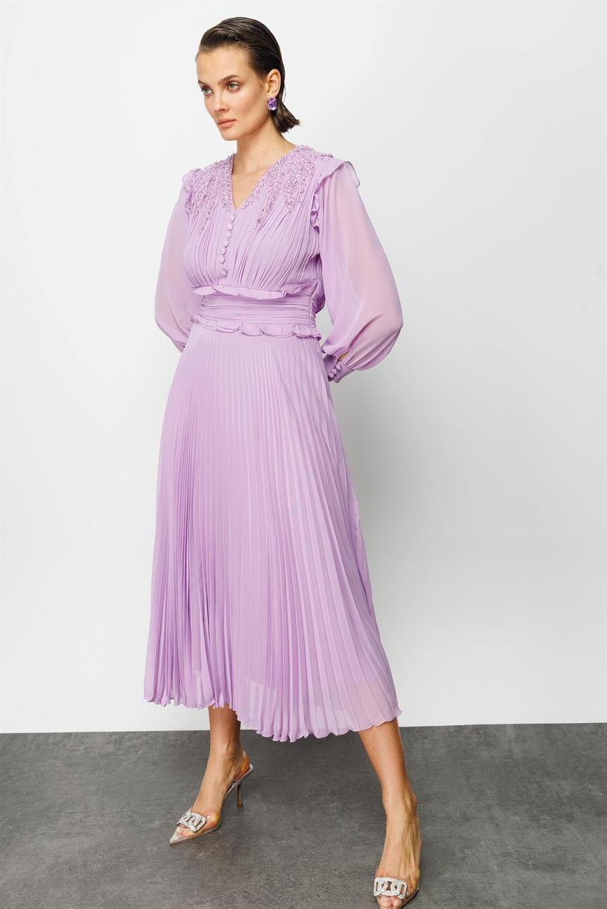 İşleme Detay Elbise LİLA