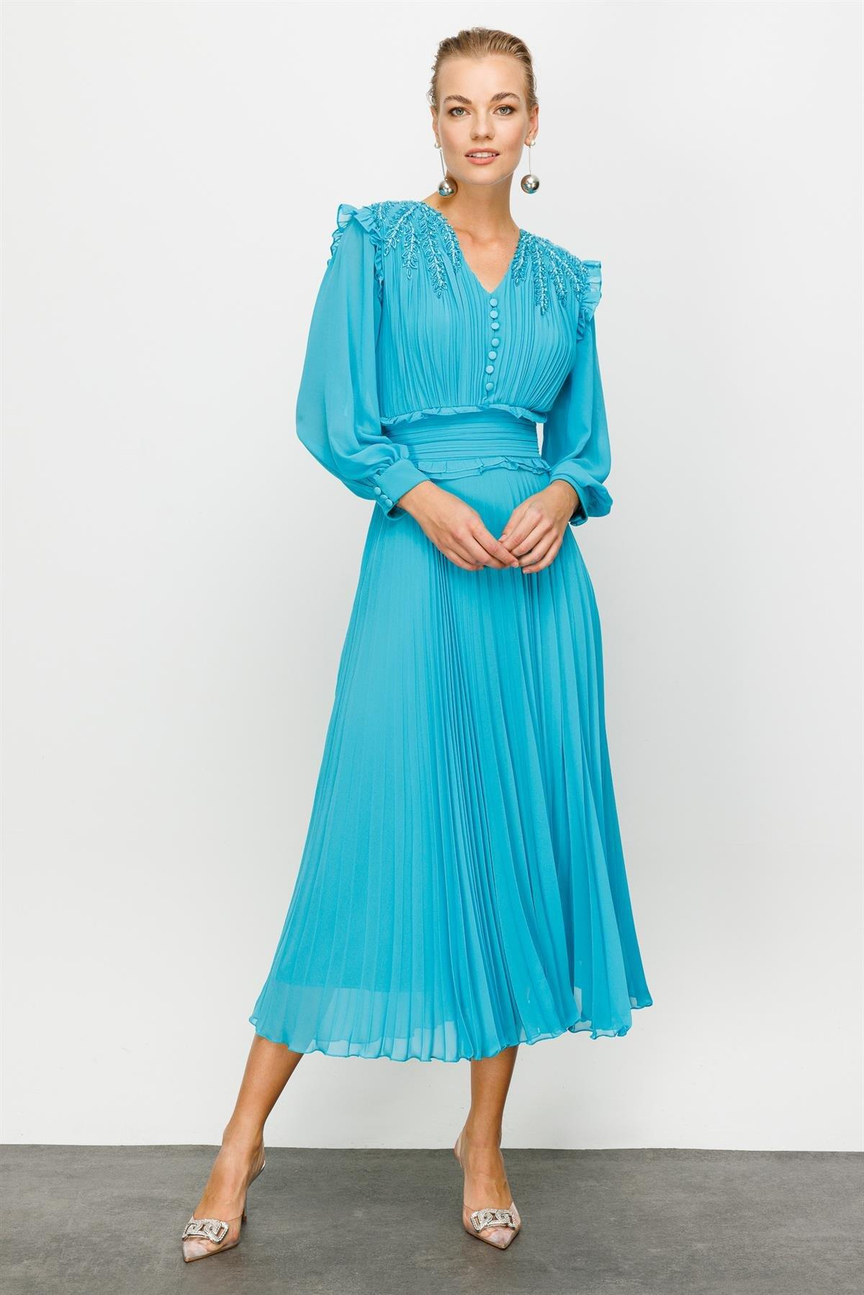 İşleme Detay Elbise TURKUAZ