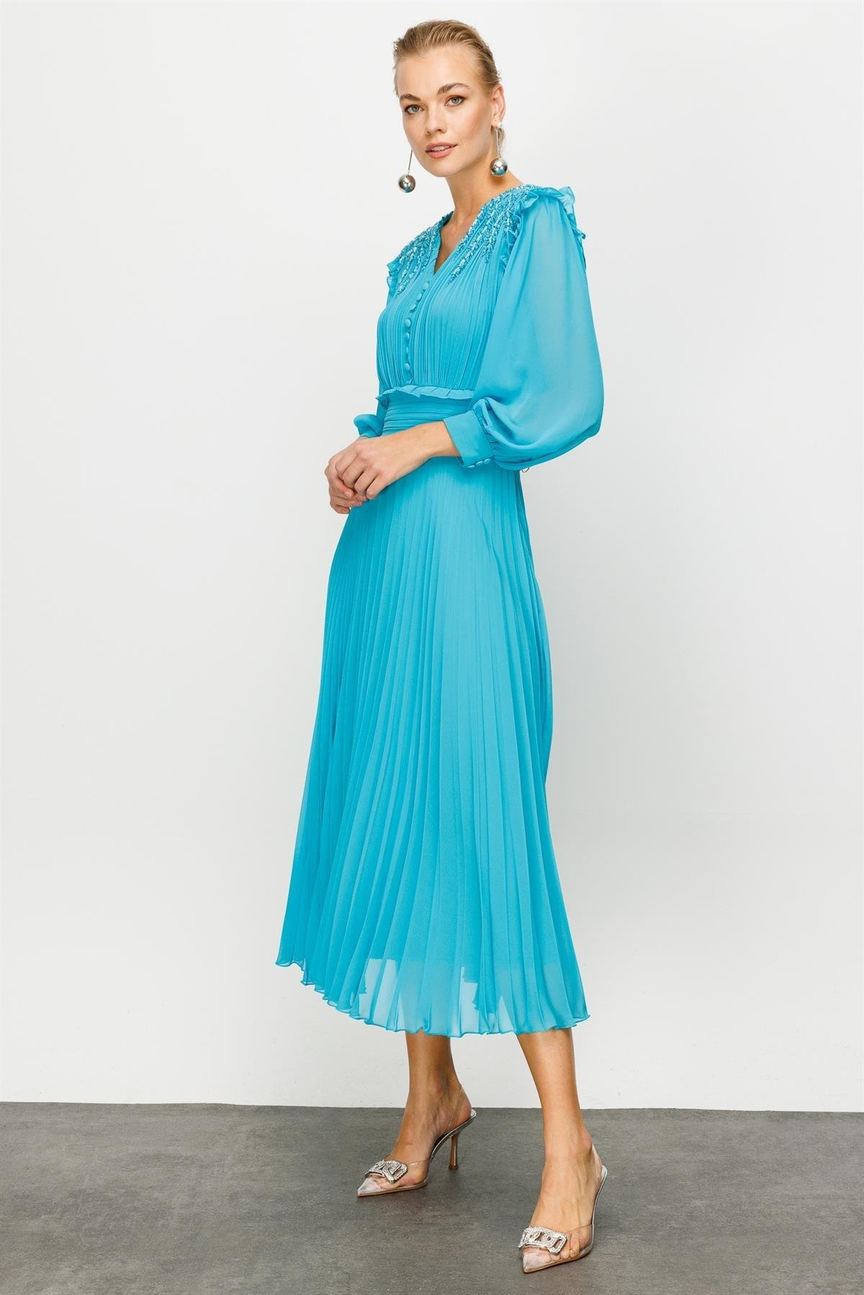 İşleme Detay Elbise TURKUAZ