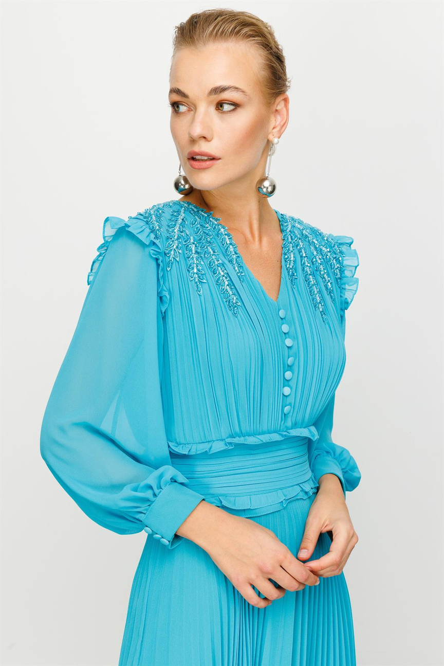 İşleme Detay Elbise TURKUAZ