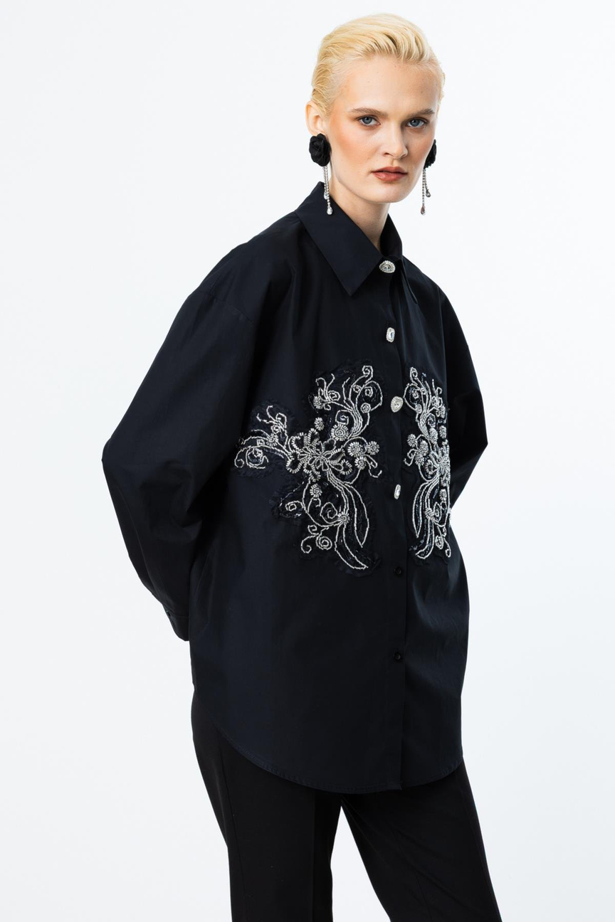 Embroidered Stone Button-Down Shirt BLACK